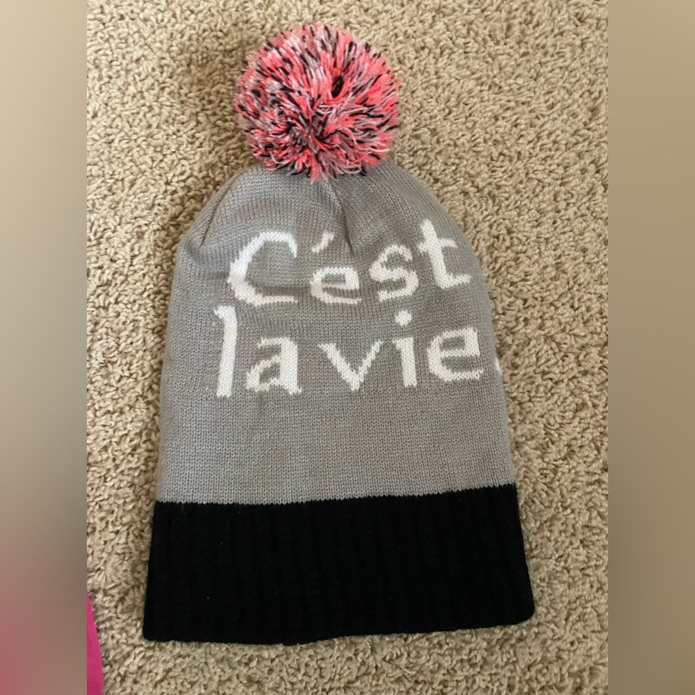 Gray and Black adult Beanie with Pink Pom